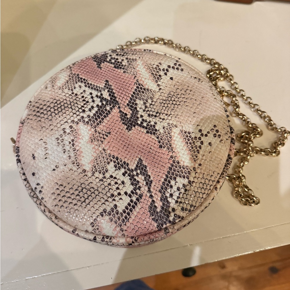 Kelly Wynne Pink and Cream Snake Skin Print Round Crossbody Bag - Picture 3 of 5